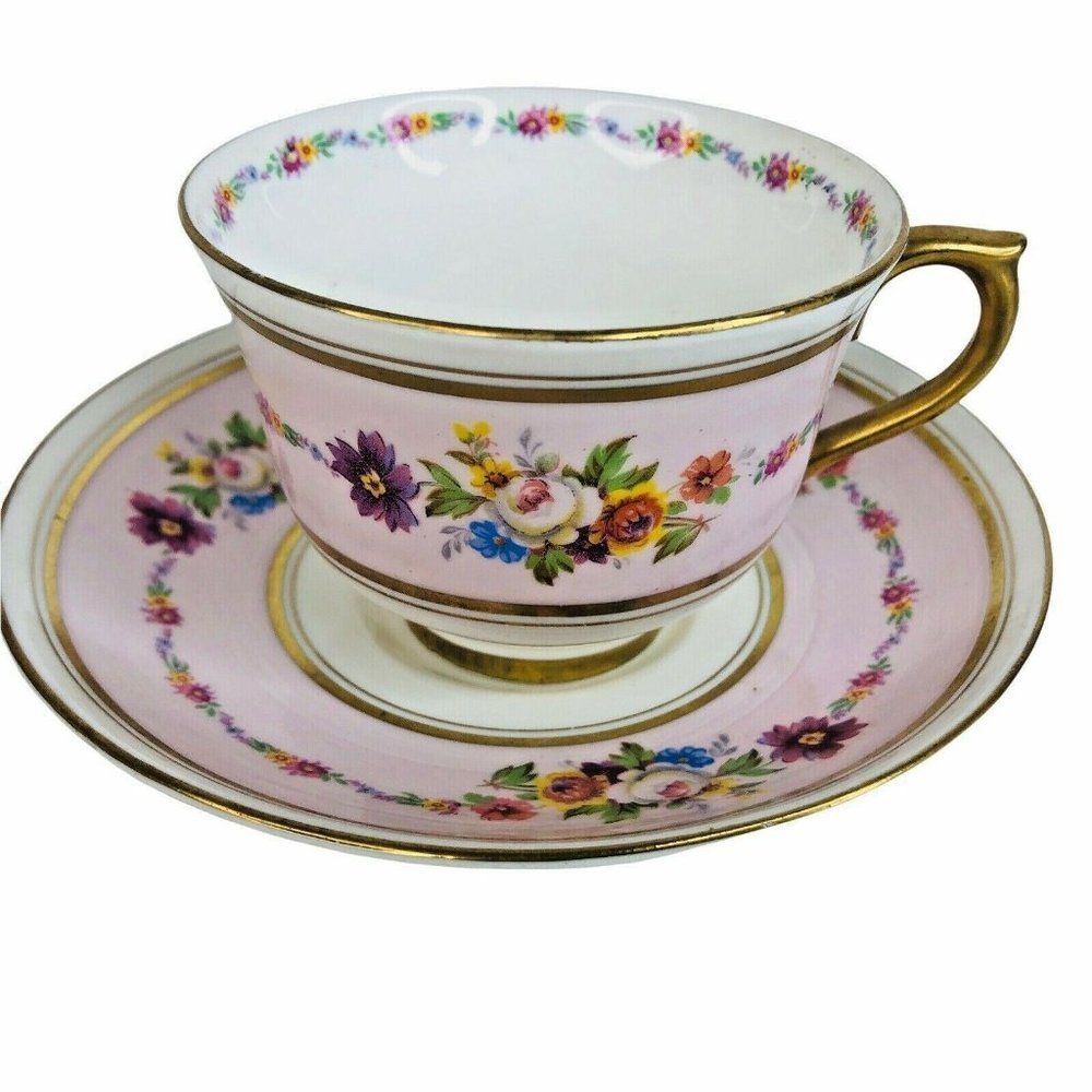 Colclough Tea Cup & Saucer Bone China Pink Flower Gold Trim Victorian England